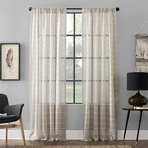 Clean Window Twill Stripe Allergie-/haustierfreundlicher Anti-Staub-Café-Vorhang, 84% Polyester, 15, 1% andere, Weiß/Leinen, 52 W x L (Pack of 1)