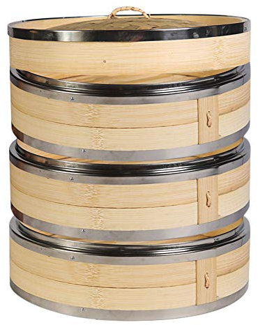 Hcooker 3 Tier Kitchen Bamboo Steamer with Double Stainless Steel Banding for Asian Cooking Buns Dumplings Vegetables Fish Rice