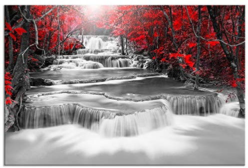 decomonkey - Impression sur Toile Noir et Blanc Chute d'eau 120x80 1 Pièce - Tableau Décoration Appartement Déco Salon Peinture sur Toile Des arbres paysage forêt nature rivière cascade