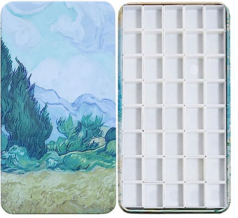 FCLUB Wheat Field Watercolor Palette Travel Tin with 40 Empty Half Pans & Magnetic Squares – Portable DIY Paint Box for Artists | Lightweight Metal Palette with 40 Wells and 3M Magnetic Strips, ideal for Custom Palettes, Storage, and Travel Painting
