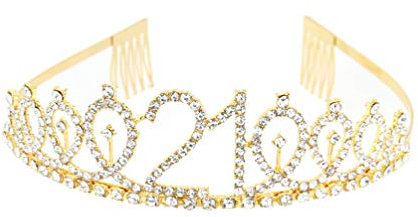 Minkissy 21. Geburtstagskrone mit Kammkristall Strass Tiara 18. Geburtstagskrone Geburtstagskopfschmuck für Geburtstagsfeier (Golden)