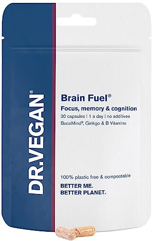 Brain Fuel | Focus, Memory and Cognition | Includes Bacopa Monnieri 300mg, Ginkgo Biloba 150mg | 30 Vegan Capsules | One-A-Day | DR.Vegan