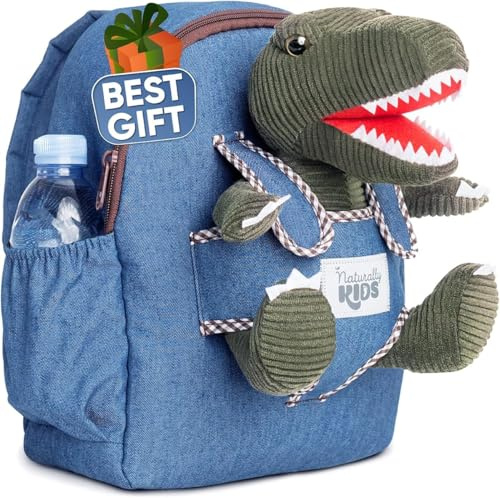 Naturally KIDS Toddler Backpack w. Plush Green T-rex Toy, Gift 5-7 Medium