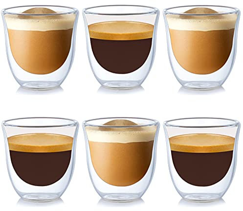 Isolierte Espresso-Gläser 6-er Set, 70 ml, Espressogläser, Doppelwandige Espresso-Tassen, Schwebeeffekt im 6er Set, für Espresso, Tee, Eistee, Cocktails geeignet, Whiskey