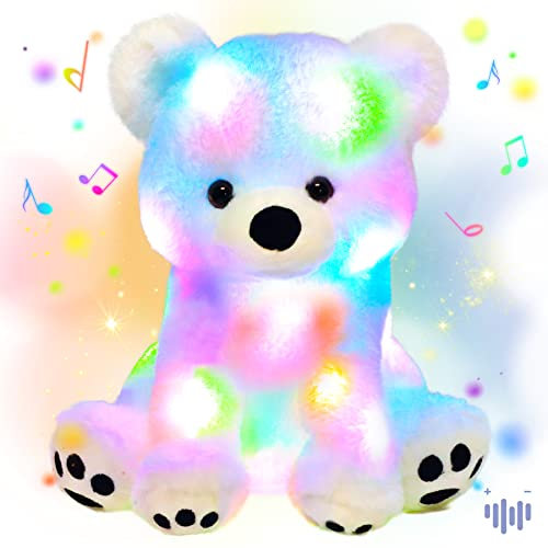 Hopearl LED Musical Plüsch Eisbär Leuchtet Singendes Plüschtier Lautstärkeregulierung Schlaflied Animierte Beruhigung Geburtstagsfest für Kinder Kleinkind Mädchen, Weiß, 28 cm