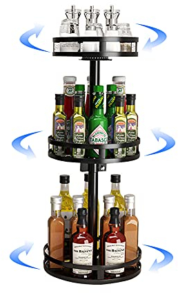 YunNasi Gewürzregal Drehbar 3 Etagen Schwarz Lazy Susan Küchenregal Stehend für Arbeitsplatte Küchenorganizer Eckregal Ohne Bohren