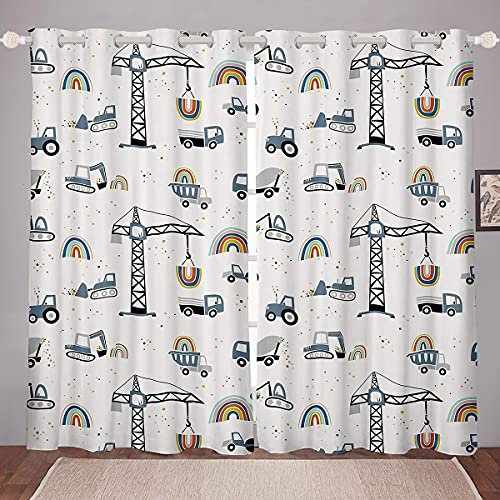 Loussiesd Kinder Karikatur Autos Fenstervorhang 137x117cm Niedlich BAU Bagger Blickdichte Vorhänge Fahrzeuge LKW Auto Vorhänge Regenbogen Zimmer Dekor Maschinen Bulldozer Kran Stil