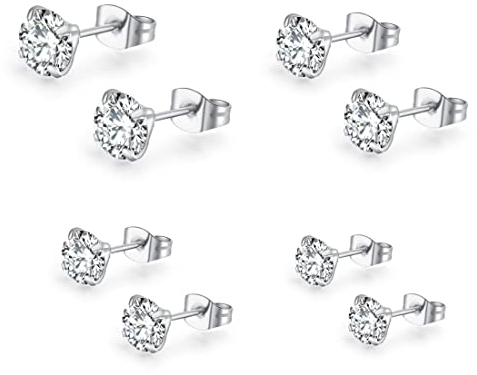 LuLiyLdJ Boucles d'oreilles blanches pour femmes, 4 paires de clous en zirconium, petits clous de cartilage de sommeil unisexe hypoallergéniques, zircone 5A, taille, 3, 4, 5, 6 mm, argent