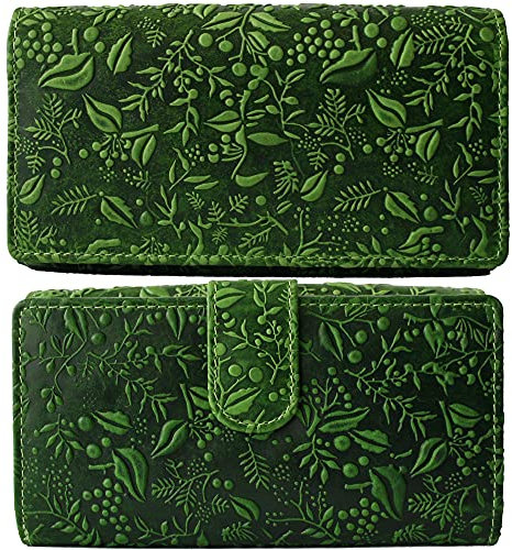 Hill Burry Geldbörse Damen viele Fächer aus Echtesleder Leder Echtleder Portemonnaie Geldbörsen Portmonee RFID Blocker Geschenk grün (XL)