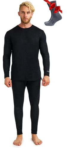 Merino.tech 100% Merino Unterwäsche Herren Set - Leicht Thermounterwäsche Merinowolle, Langarm Shirt und Hose + Wandersocken aus Merinowolle (Large, 165 LITE Heathered Black)