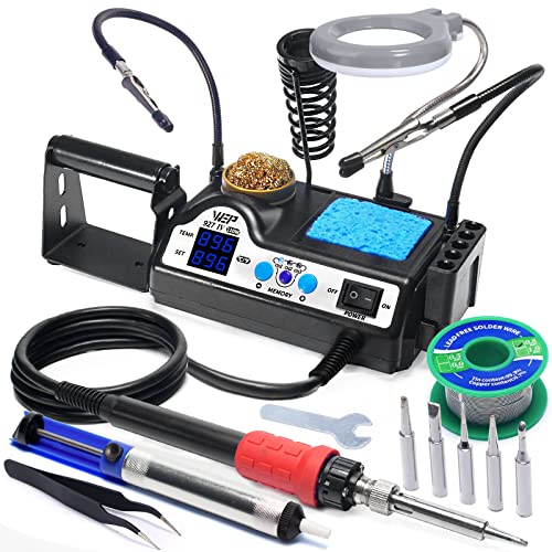 WEP 927-IV 110W Soldering Iron Station Kit with LED Magnifier, 2 Helping Hands, 30g Lead-Free Solder Wire, 3 Soldering Tips, Desoldering Pump, ESD-Safe Tweezers