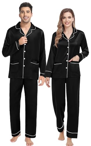SWOMOG Passende Pyjama-Sets für Paare Seide Satin Pjs-Set mit 2 Taschen Langarm Button Down Nachtwäsche Nachtwäsche-Pjs-Set Weiblich Schwarz M