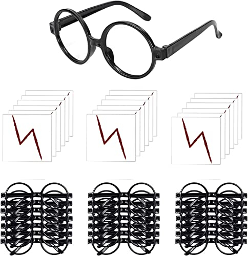 HCSUI 20 Stück Zauberer Brille Kinder Wizard Gläser Schwarz Runde Brillenrahmen mit 20 Blitz Tattoos für kinder Halloween party Kostüm, St. Patrick's Day, Kostümparty deko