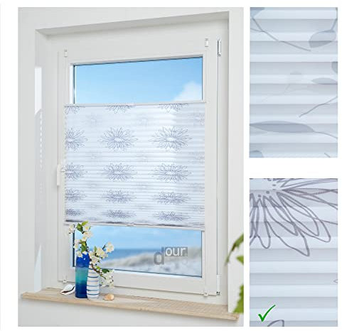 ourdeco Klemmfix-Plissee / 75 x 130 cm Blume grau/lichtdurchlässig, Blickdicht/Montage ohne Bohren