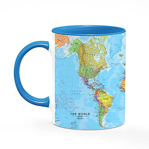 Giftme World Map Mug, Birthday, Christmas Tea Mug 11oz Inside Coloured Ceramic Mug. (Blue)