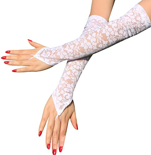 Suxgumoe Lange Spitzenarmstulpen, 1 Paar fingerlose Damenhandschuhe, Spitzenhandschuhe für Halloween, Partys, Hochzeiten, Weiss/opulenter Garten, Standard
