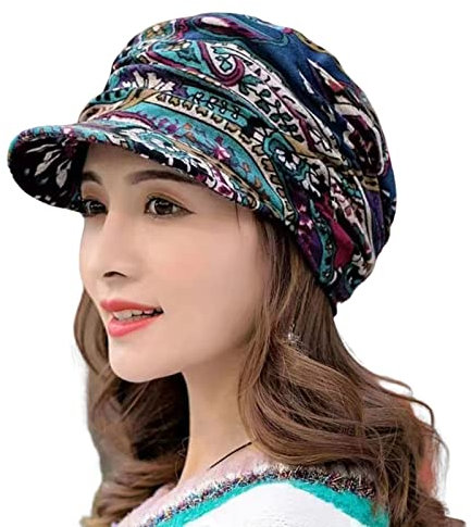 HshDUti Women's Boho Floral Printed Winter Hat, Fleece Lined, Visor, Dark Blue
