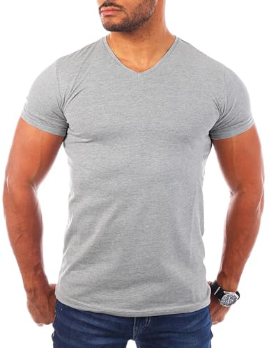 Young & Rich Herren Uni T-Shirt mit V-Ausschnitt Basic V-Neck Tee mit Stretchanteilen einfarbig Slim fit 1700