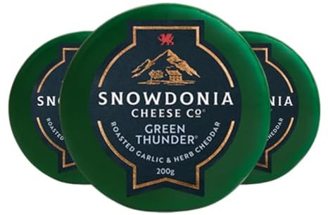 Snowdonia | Green Thunder Cheddar | 3 x 200g | Features mature cheddar blended with roasted garlic and herbs for a bold savoury profile.