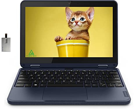 Lenovo Computer portatile touchscreen 2 in 1 HD 2022 300W Gen 3, processore AMD 3015e, 4 GB di RAM, 64 GB di memoria flash eMMC, grafica AMD Radeon, blu, Win 10 Pro, scheda USB SnowBell da 32 GB