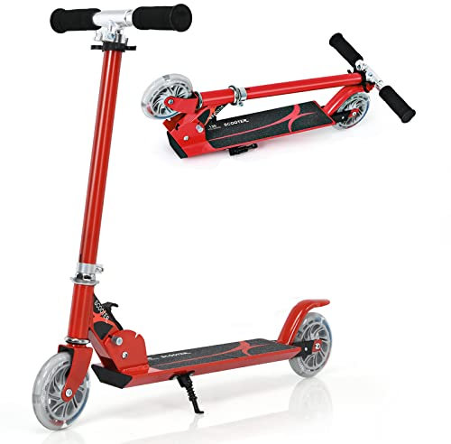 GYMAX Trottinette Enfants 3-7 Ans Pliable, 2 Roues Lumineuses, Hauteur Réglable à 3 Niveaux, avec Béquille, en Aluminium Léger Robuste, Charge Max 70 KG, Roulement Durable ABEC-7 (Rouge)
