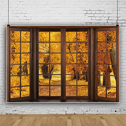 Ttincceer 180x120cm Autumn Landscape Backdrop Viewing Outside The Window Yellow Maple Leaf Photography Background Wallpaper Natural Scenery Background Photo Booth Prop