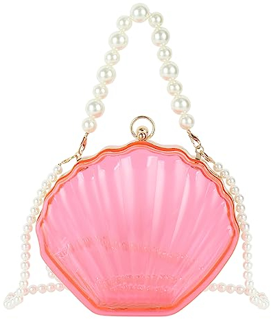 MilyaDE Damen Transparente Clutch Acryl Klare Muschel Geldbörsen Durchsichtige Schultertasche Umhängetaschen Handtasche mit 2 Perlen Ketten