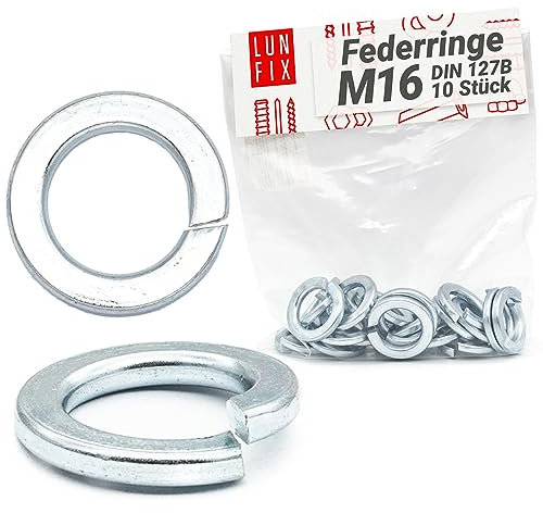 Lun Fix Federringe M16 DIN 127 |10 stk.| verzinkter Stahl Spiralförmige Federscheibe, Federring form B, Federscheiben für Schrauben Gewindestange, Federsicherungsscheiben mit rechteckigem querschnitt