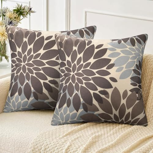 Velvhom Kissenbezug Weihnachten 50x50 Sofakissen Dekokissen Leinen Dahlie Braun und Grau Kissebezüge Herbst Deko Kissen Kissenhülle Zierkissenbezüge fur Sofa Schlafzimmer Couch 2er Set