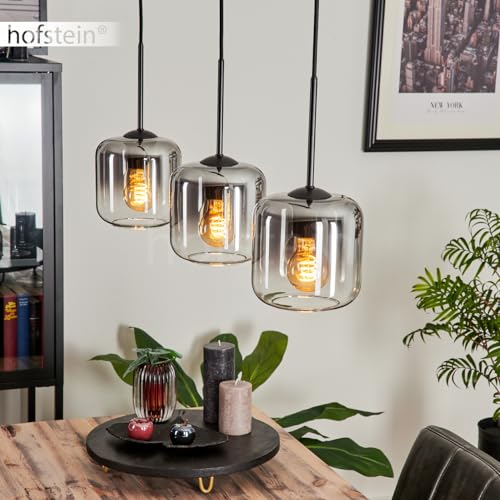 Suspension Lauden, suspension en métal/verre en noir/fumée/clair, lampe avec abat-jour en verre (Ø 15 cm), hauteur max. 150 cm, 3 x E27, ampoule(s) non incluse(s)