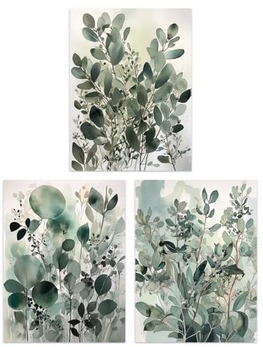 Artery8 Set of 3 Botanical Plants Sage Green Watercolour Eucalyptus Leaves Boho Artworks Unframed Wall Art Living Room Poster Prints Pack