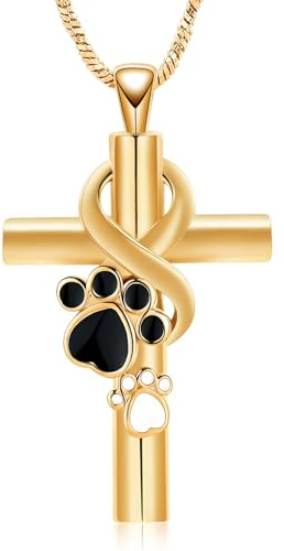 QGJNSGC Pfotenabdruck Kreuz Einäscherungs-Schmuck für Haustier Infinity Cross Urn Halskette für Asche Keepsake Loved One Memorial Schmuck für Hund/Katze Asche (Gold)