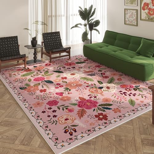 Rugcomf Area Rugs Teppich für Wohnzimmer, waschbar, Boho-Teppich, rutschfest, florales Vintage-Design, niedriger Flor, großer Teppich für Wohnzimmer, Schlafzimmer, Bauernhaus, Esszimmer,