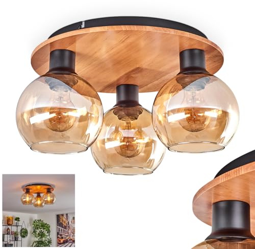 HOFSTEIN Deckenleuchte Koyoto, Deckenlampe aus Metall/Holz/Glas in Schwarz/Natur/Bernstein, Leuchte im Retro/Vintage-Design (Ø Schirme 15 cm), 3 x E27, Schlafzimmer, Wohnzimmer, Küche, Esszimmer