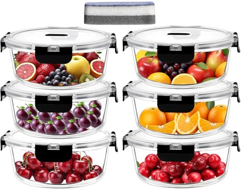 IUGHN Set of 6 Glass Containers With Lids, Versatile 950ml Meal Storage Food+1 Cleaning Sponge, Features Snap Snaps Meal Prep Containers Glass, Perfect Food Containers for Chefs and Cooking Lovers