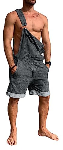 Runcati Herren Denim Overall Shorts Sommer Workwear Verstellbare Jumpsuit Lässige Jeans Kurz Rompers Lose Fit, Grau, XXL