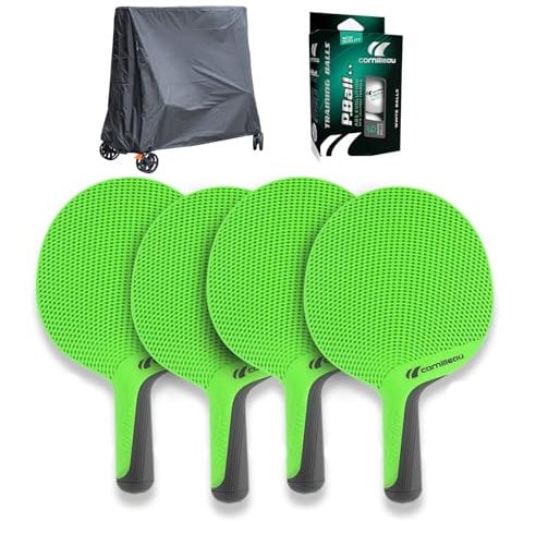 Cornilleau - Pack de 4X Raquettes d'extérieur + 1x Housse de Table Premium Plus + Balles de ping-Pong 2* - Family Pack Outdoor