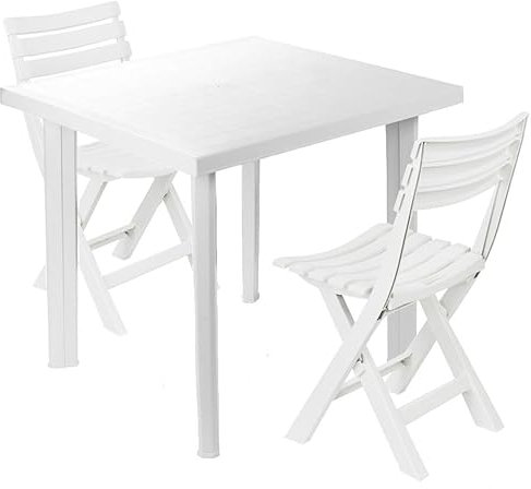 URBN GARDEN Weißer Kunststoff-Garten-Esstisch mit zwei oder vier Sitzplätzen, faltbare Stühle, Terrasse, Terrasse, Terrasse, Outdoor, wasserabweisend, Gartenmöbel-Set