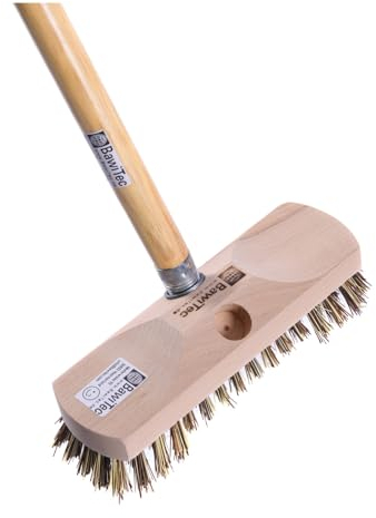 BawiTec Qualitäts Schrubber 220mm Breit mit harten Borsten UnionMix Bart/Borstenrand Metall-Gewinde-Einsatz mit oder ohne Stiel Holzstiel 120cm Länge Bodenschrubber Haushaltsschrubber (mit Holzstiel)