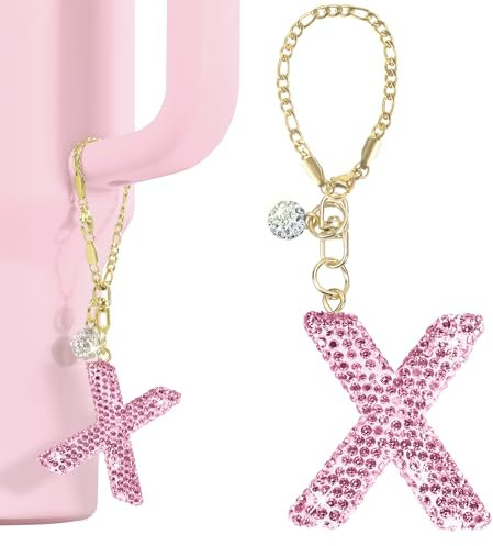 Mokoart Glitter Letter Charms Accessories for Stanley Cup, Water Bottle Charms for HydroJug Traveler & Tumbler With Handle, Cute Initial Name With Pink Letter for Cup Accessories (X)
