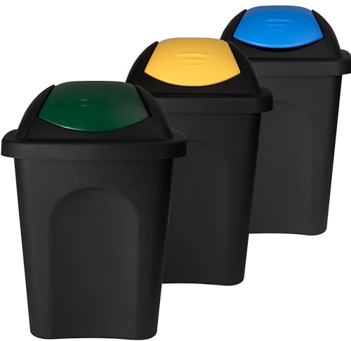 3x Schwingdeckel Mülleimer 30l gelb blau grün Gelber Sack Küche 3 Trash Bin