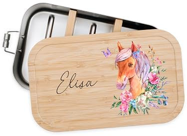 Bärenfreunde® - Personalisierte Brotdose für Kinder mit Spezial-Druck - Robuste Edelstahl Brotdose - Personalisierte Geschenke für Kinder & Erwachsene (Pferdekopf Blumen,klein Weißblech)