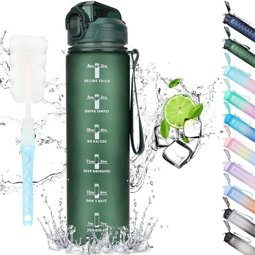 CodiCile 1L Water Bottle, Sports Water Bottle with Straw and Time Markings,Motivational Leakproof 1 litre Water Bottle with BPA Free Lid for Sports Gym Office Running,Dark Green