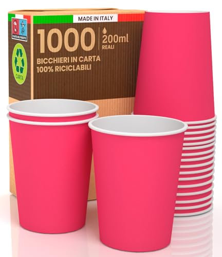 1000 Bicchieri in Carta 200ml FUCSIA Made in Italy Ecologici Biodegradabili Monouso Asporto Bevande Calde Acqua Colorati - Prodotto e Confezionato in Italia