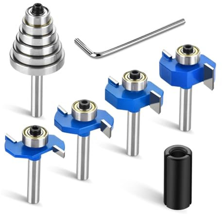 Barfeery 4pcs Router Bits 1/4 Shank with 6 Bearings Set Rabbeting Router Bit for Wood Grooving with 1/2in to 1/4in Router Collet