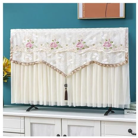 VONCYKI Removable TV Cover Dust Cover Lace Embroidery Hanging TV Cabinet TV Protective Cover Dust Cover(Color02 Beige,140 x Height85cm)
