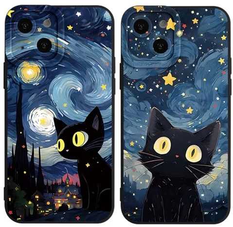 Yimctoie 2 Stück Cartoon Handyhülle für iPhone 12 Hülle 6,1,Mode Schutzhülle Schwarz Handyhülle mit Niedlich Katze Aesthetic Muster Weich Silikon Dünn TPU Stoßfeste Kratzfest Cover,Anime