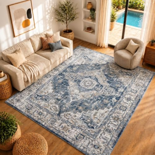 Livabliss London Vintage Rug - Area Rugs for Living Room 120x170 cm, Bedroom - Scandi Neutral Rug, Traditional Patterned Boho Rug Style, Natural Easy Care Pile - Large Rug, Blue and Grey Rug