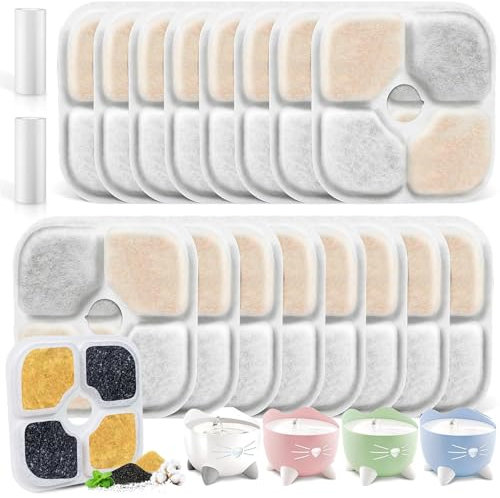 Jortmrd 18 Stück Katzenbrunnen Filter für Catit Pixi Trinkbrunnen Filter, LFilter für Katzenbrunnen mit 2 Schläuche, Dreifaches Filtersystem Katzen Ersatzfilter mit Harz und Aktivkohle