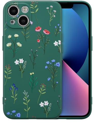 RALEAVO Case for iPhone 13, Flower Silicone Slim Cover, Dark Green/Daisy | For iPhone 13 Liquid Silicone Phone Case, for Girls Women Aesthetic Flowers Shockproof Protective Soft Cover